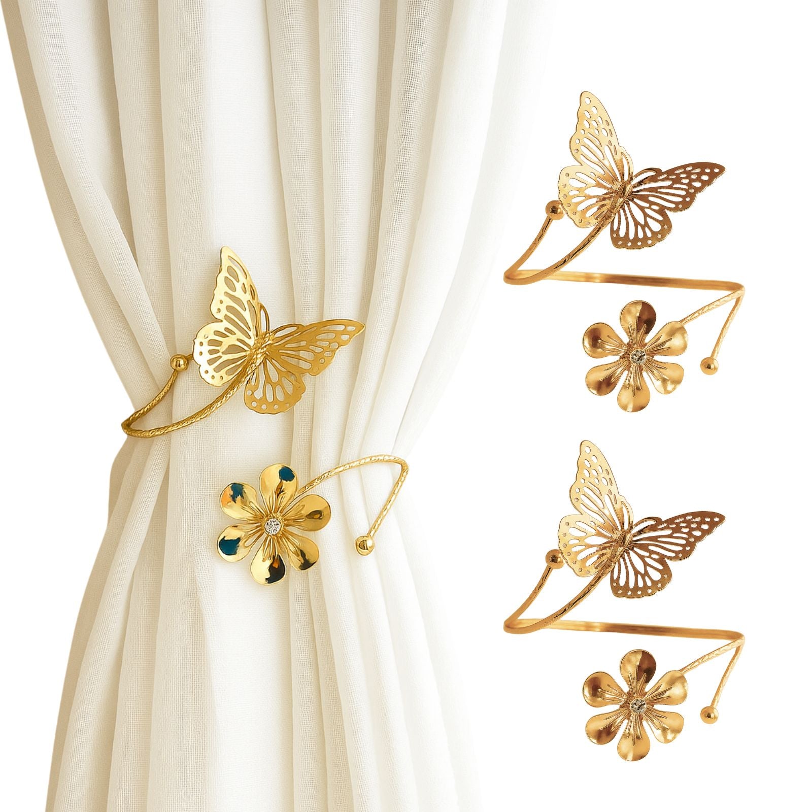 Kit 02 Prendedores de cortina Borboleta e Flor em Aço